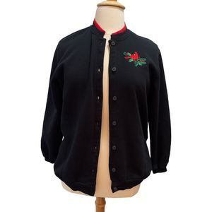Bonworth Sweater Womens Medium Black Red Cardinals Embroidered Birds Bon Worth